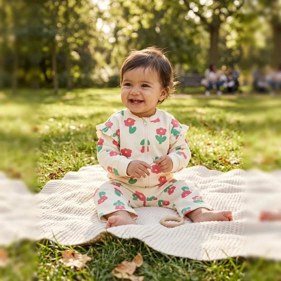 Sinsay Baby Girl Cream Ruffle-Shoulder Floral Print Zip-Up Set