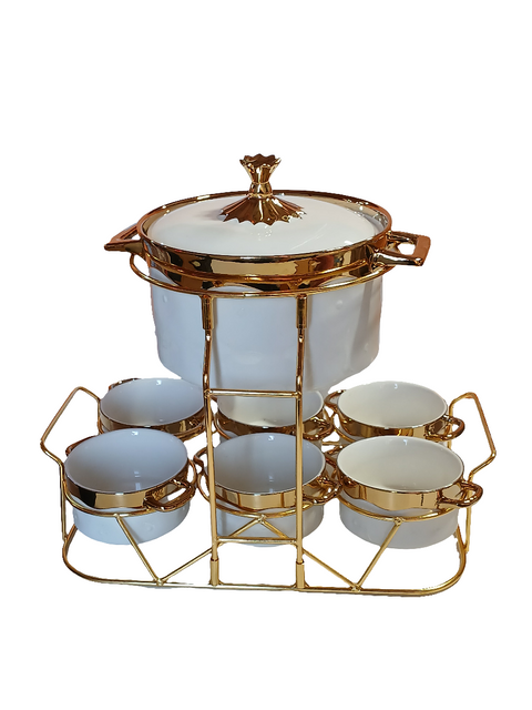 Al Sultan White & Gold Soup Pot Set 7pcs With Stand HD28-251 | Al Sultan In Lebanon