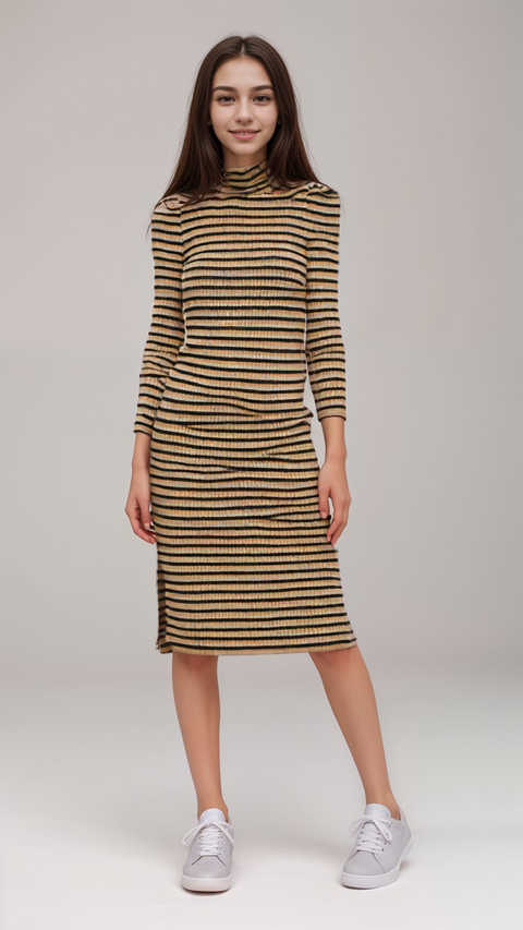 POMPdeLUX Girl's Navy/Yellow Striped Malou Roll Neck Dress |POMPdeLUX in Lebanon