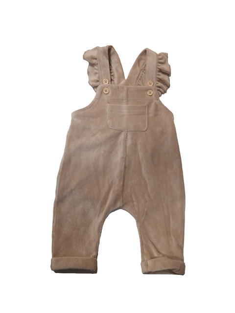 Brown corduroy overalls with ruffled straps on a white background