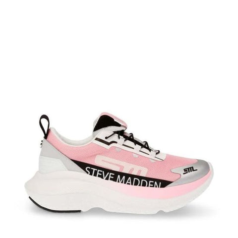 Pink and white sneaker with 'Steve Madden' branding on a white background