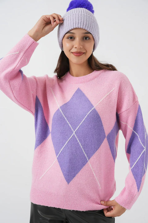 Big Dart Women's Pink & Lilac Oversized Diamond Patterned Knitwear Sweater | Big Dart In Lebanon