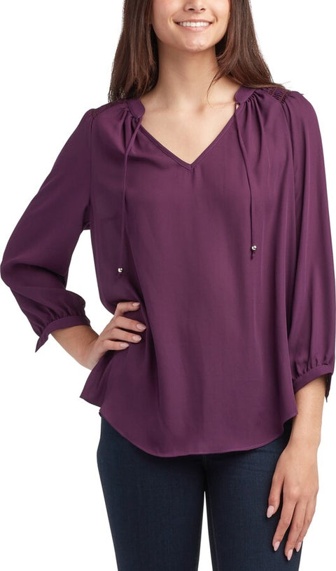 BCX Women's Purple Tie-Neck 3/4-Sleeve Peasant Blouse | BCX In Lebanon