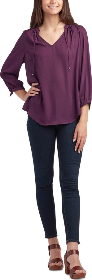 BCX Women's Purple Tie-Neck 3/4-Sleeve Peasant Blouse | BCX In Lebanon