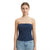A woman modeling a navy blue strapless tube top with a small white floral pattern, paired with light blue jeans, against a plain white background.