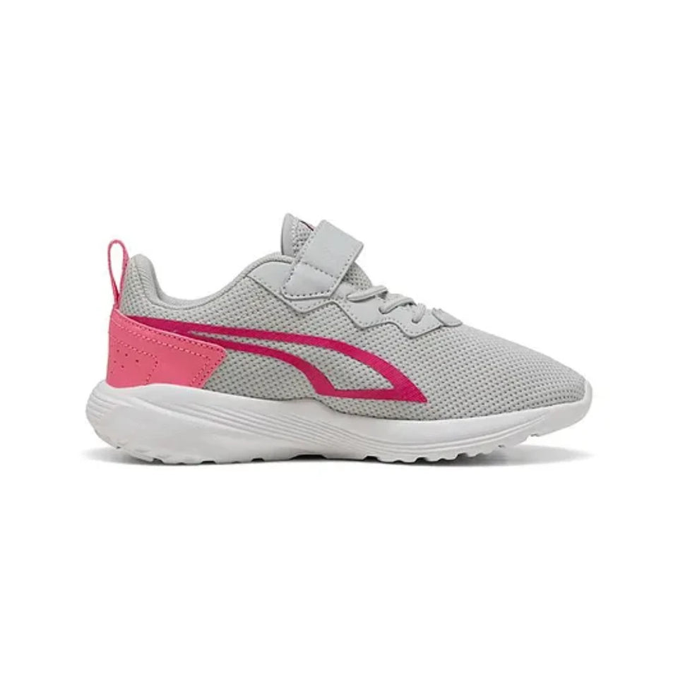 A light gray mesh athletic sneaker with a bright pink side logo and heel accent, featuring a hook-and-loop strap closure and a white sole, shown against a plain white background.