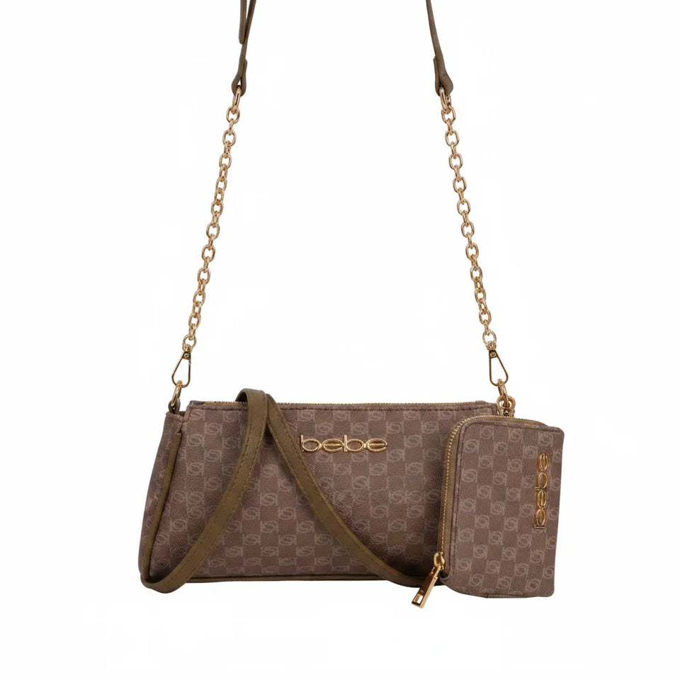 A brown monogram crossbody bag with a matching zippered pouch, featuring a gold-tone chain strap and the brand name 'bebe' on the front, set against a plain white background.