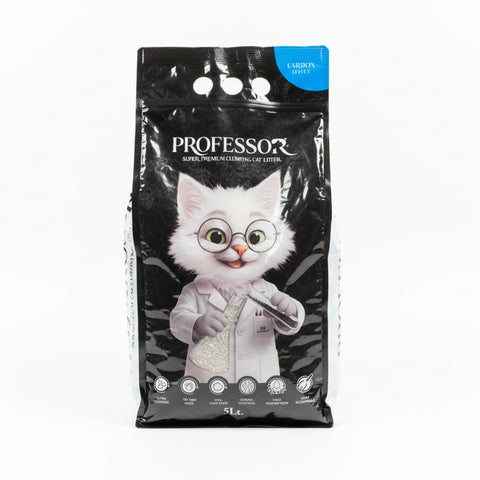 Bag of 'Professor' cat food with a cartoon cat character on a concrete surface