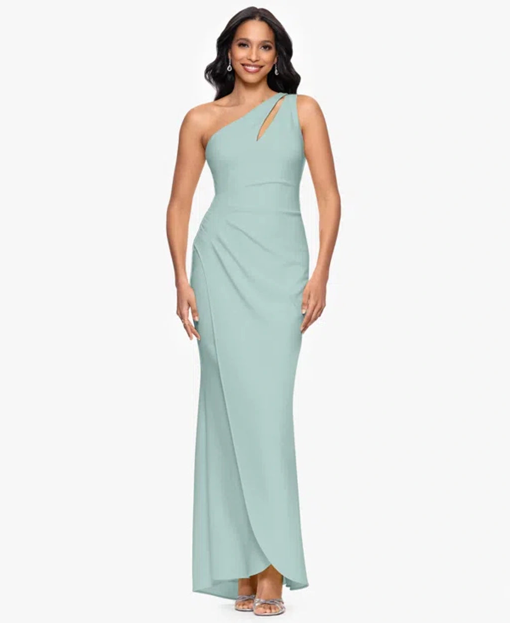 Betsy & Adam Women's Sage Green Petite One-Shoulder Ruched Gown Dress | Betsy & Adam In Lebanon