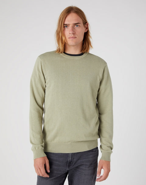 Man wearing a green sweater and dark jeans on a white background