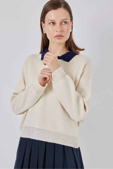 Big Dart Women's Beige & Navy Knitted Polo Neck Sweatshirt | Big Dart In Lebanon