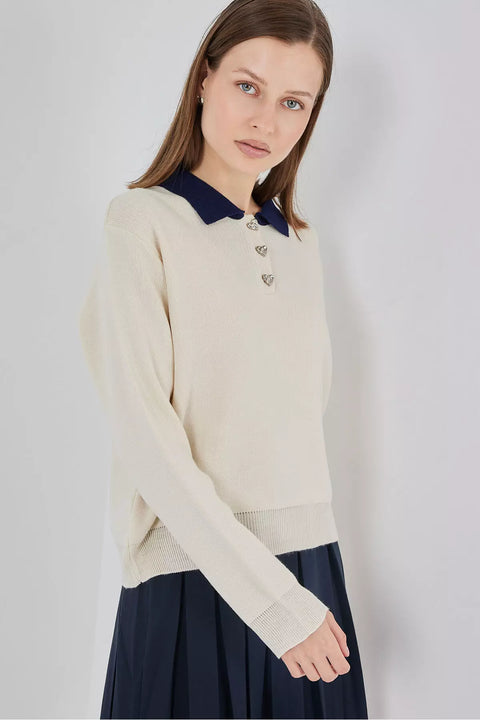 Big Dart Women's Beige & Navy Knitted Polo Neck Sweatshirt | Big Dart In Lebanon