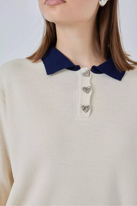 Big Dart Women's Beige & Navy Knitted Polo Neck Sweatshirt | Big Dart In Lebanon