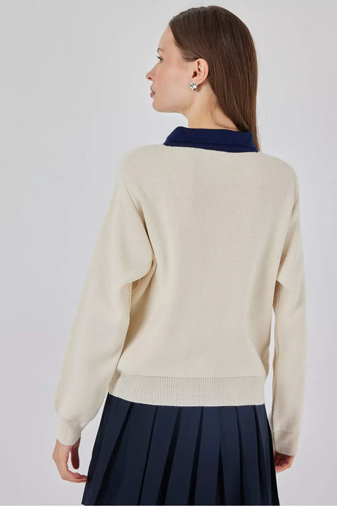 Big Dart Women's Beige & Navy Knitted Polo Neck Sweatshirt | Big Dart In Lebanon