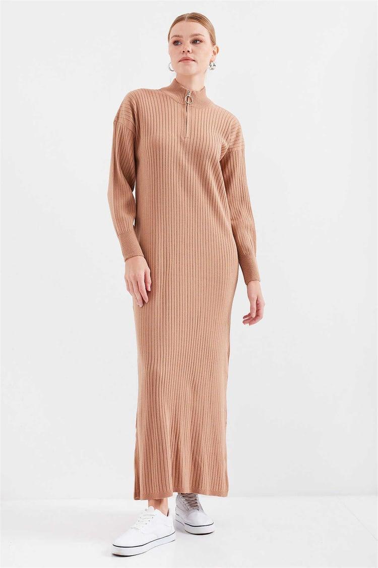 Big Dart Women's Brown Knitted 1/4 Zip Dress | Big Dart In Lebanon