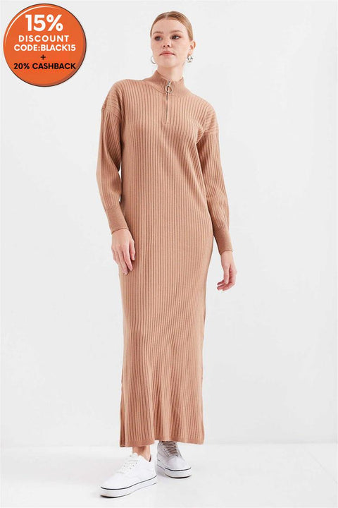 Big Dart Women's Brown Knitted 1/4 Zip Dress | Big Dart In Lebanon