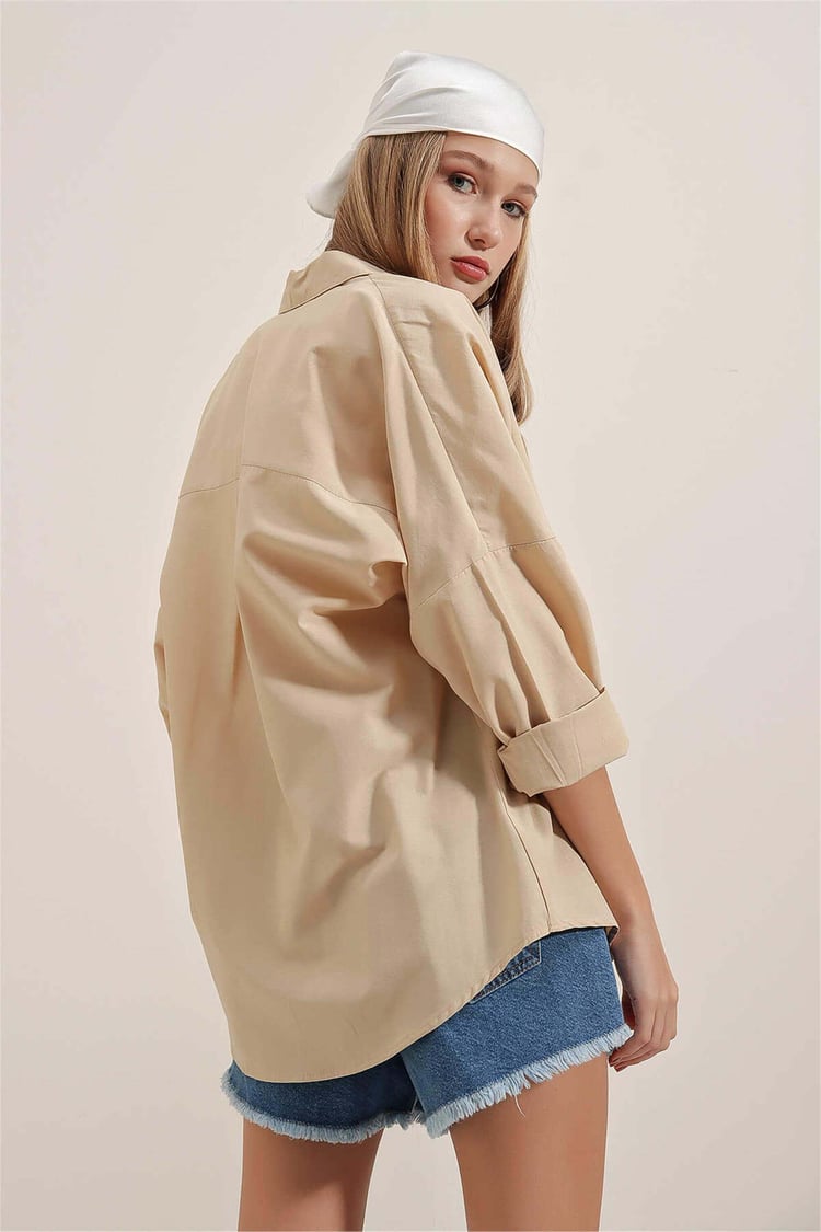 Big Dart Women's Beige Oversized Long Basic Shirt | Big Dart In Lebanon
