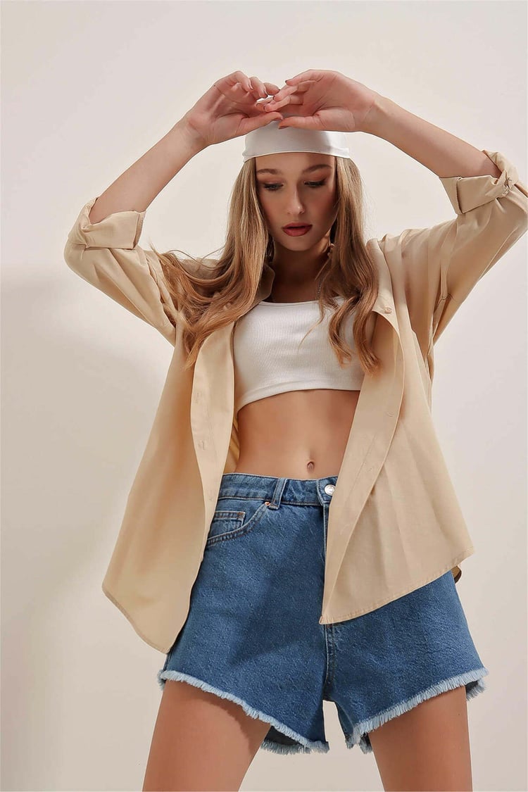 Big Dart Women's Beige Oversized Long Basic Shirt | Big Dart In Lebanon