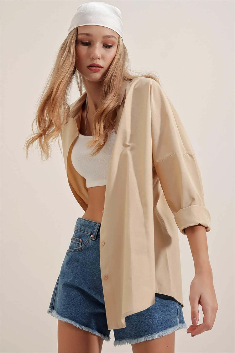 Big Dart Women's Beige Oversized Long Basic Shirt | Big Dart In Lebanon