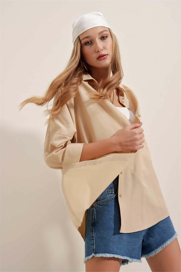 Big Dart Women's Beige Oversized Long Basic Shirt | Big Dart In Lebanon