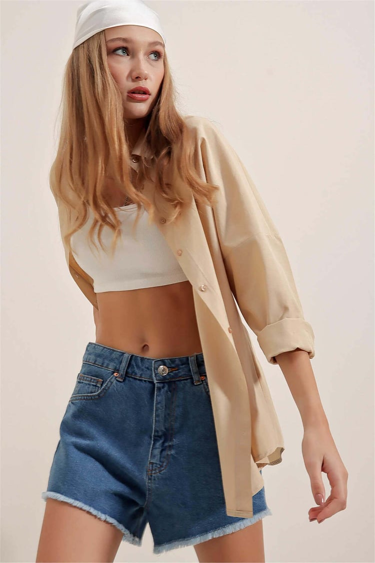 Big Dart Women's Beige Oversized Long Basic Shirt | Big Dart In Lebanon