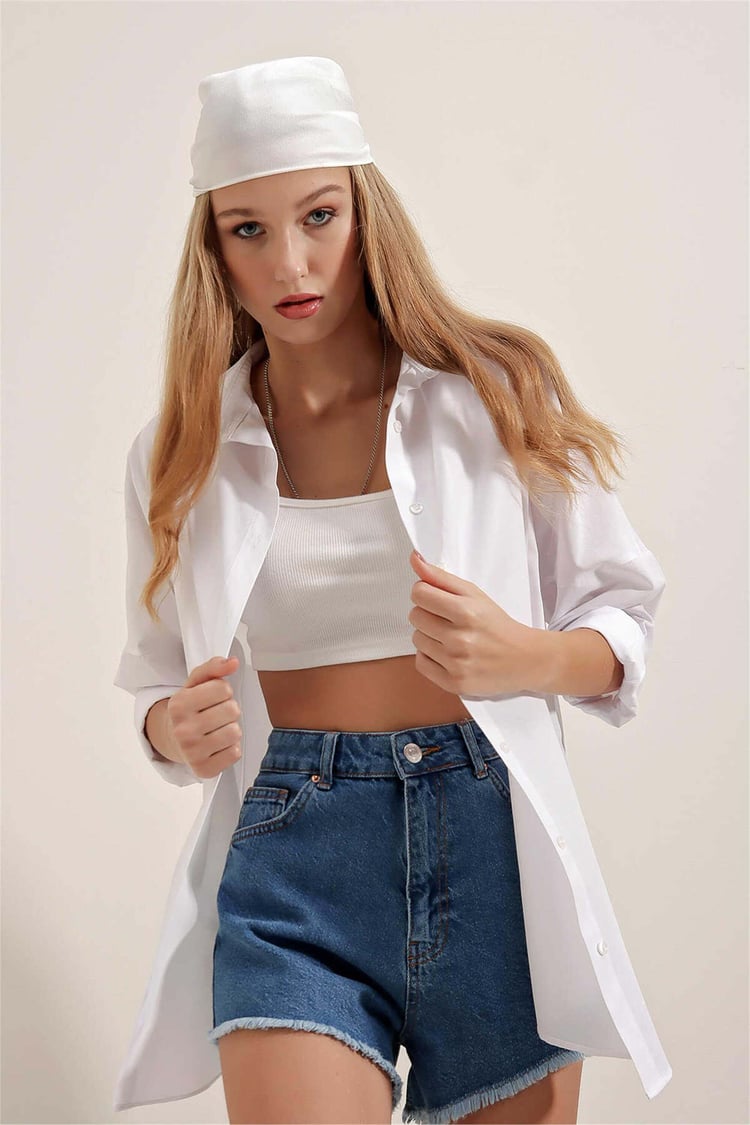 Big Dart Women's White Oversized Long Basic Shirt | Big Dart In Lebanon