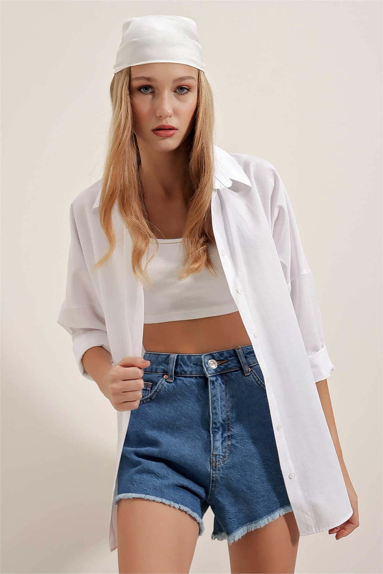 Big Dart Women's White Oversized Long Basic Shirt | Big Dart In Lebanon