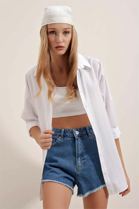 Big Dart Women's White Oversized Long Basic Shirt | Big Dart In Lebanon