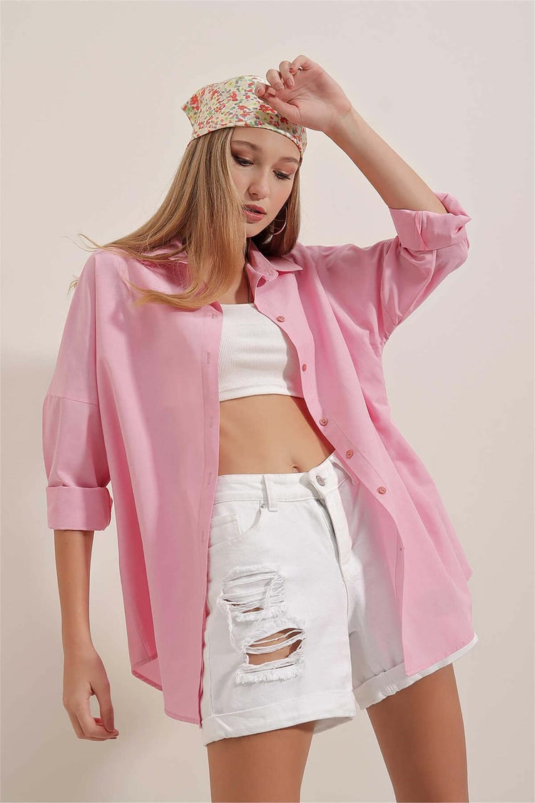 Big Dart Women's Pink Oversized Long Basic Shirt | Big Dart In Lebanon