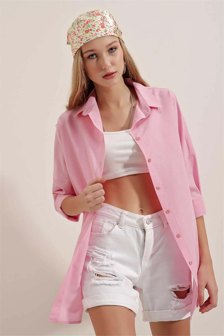 Big Dart Women's Pink Oversized Long Basic Shirt | Big Dart In Lebanon