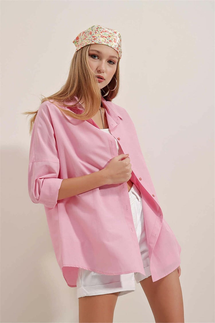 Big Dart Women's Pink Oversized Long Basic Shirt | Big Dart In Lebanon