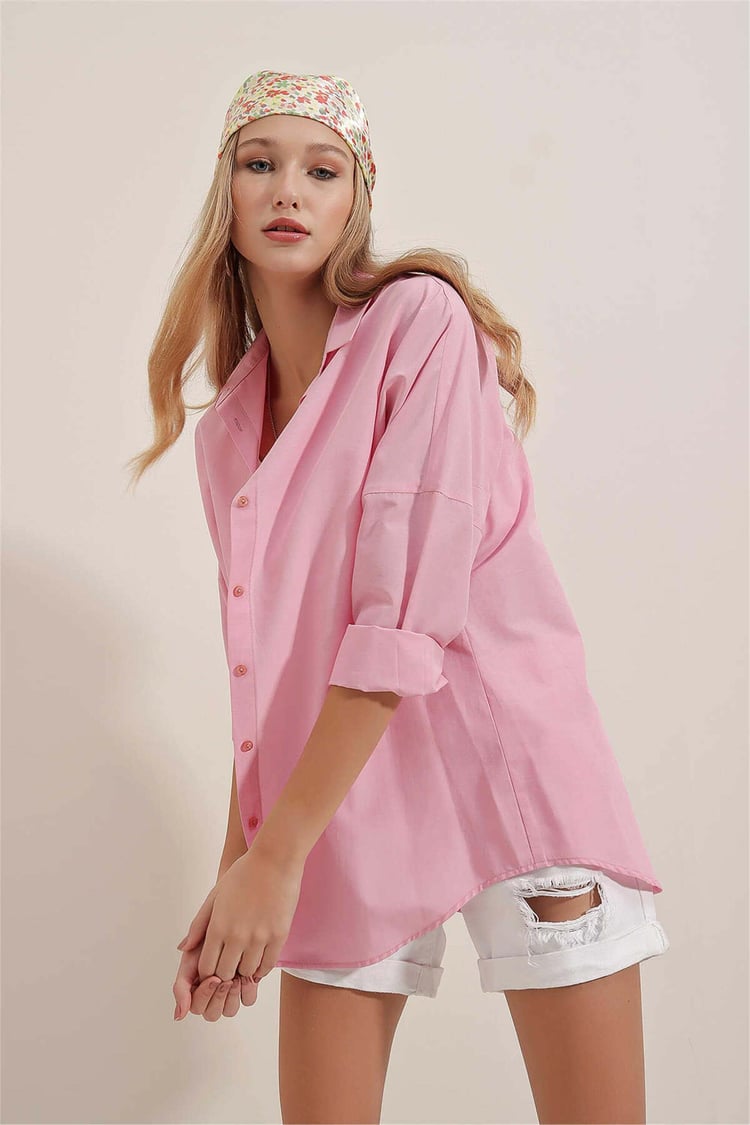 Big Dart Women's Pink Oversized Long Basic Shirt | Big Dart In Lebanon