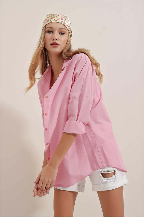 Big Dart Women's Pink Oversized Long Basic Shirt | Big Dart In Lebanon