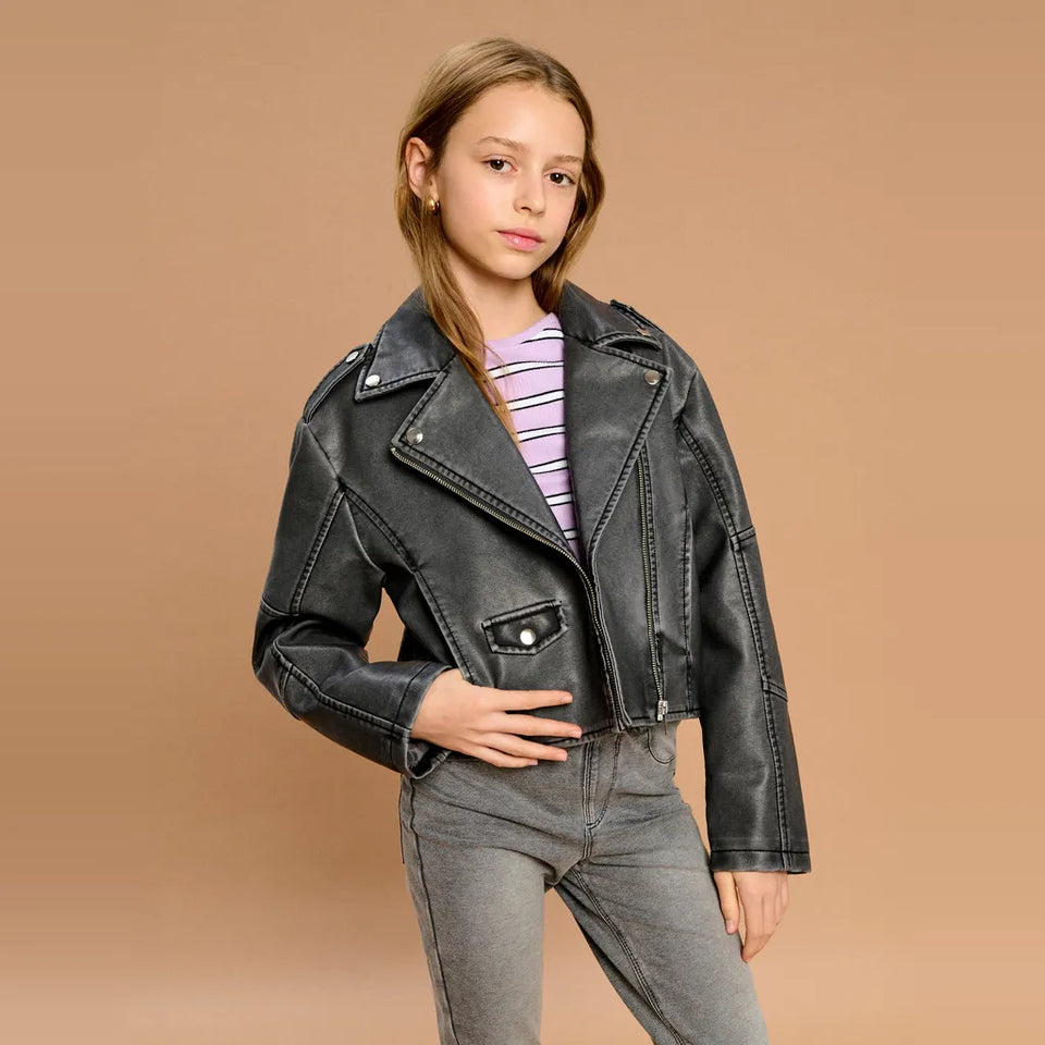 Sinsay Girl's Washed Black Leather Cropped Flap Pocket Jacket