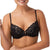 Black lace bra worn by a model on a white background