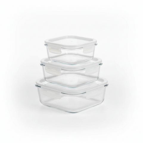 Set of three clear glass food storage containers on a white background
