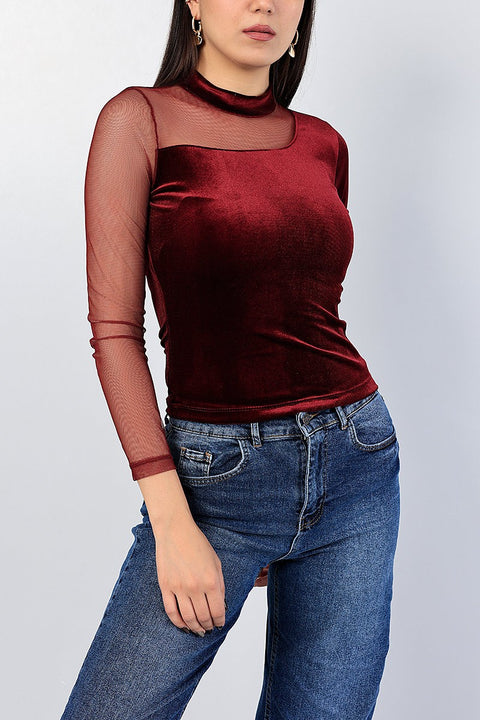 Olalook Women's Burgundy Velvet & Tule Long Sleeve Blouse | Olalook In Lebanon