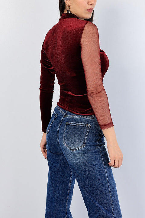 Olalook Women's Burgundy Velvet & Tule Long Sleeve Blouse | Olalook In Lebanon