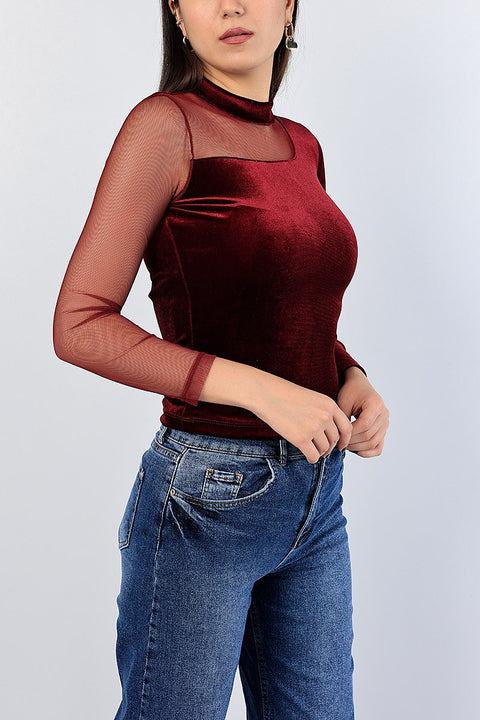 Olalook Women's Burgundy Velvet & Tule Long Sleeve Blouse | Olalook In Lebanon