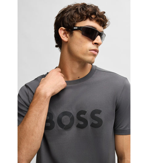 Boss Men's Gray Cotton Knitted With Large Logo T-Shirt | Boss In Lebanon
