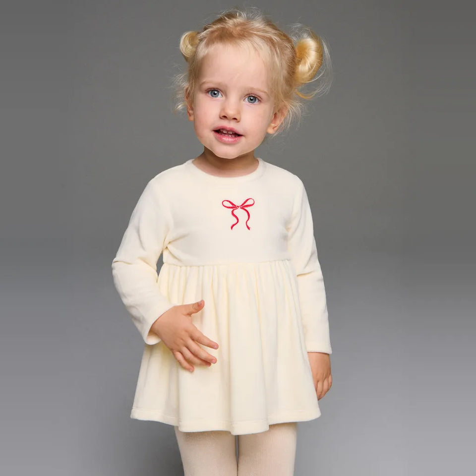 Sinsay Girl's Cream Bow Printed Long Sleeve Dress