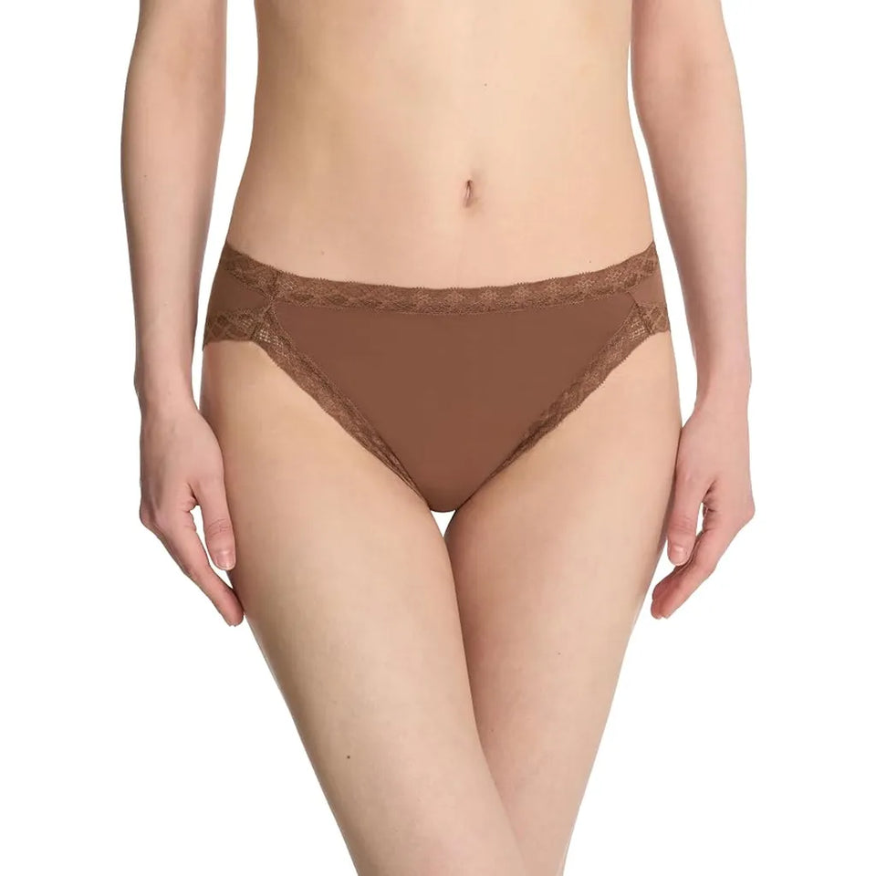A model wearing a pair of medium brown lace-trimmed briefs against a plain white background.