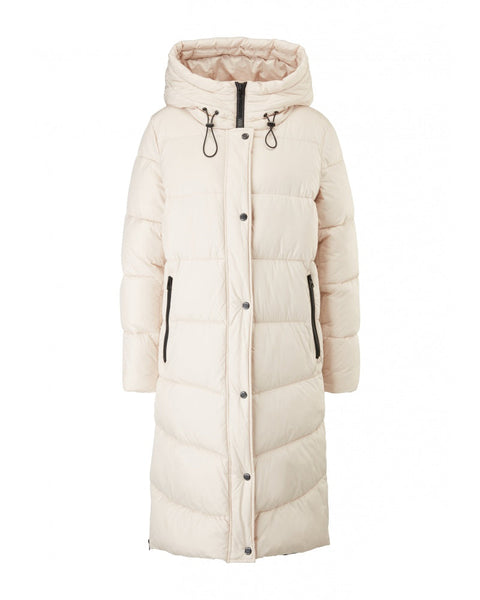 Beige long puffer coat with a hood on a white background, featuring the brand 'Beno'.
