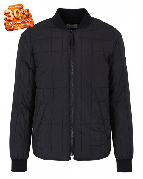 Black quilted jacket on a white background
