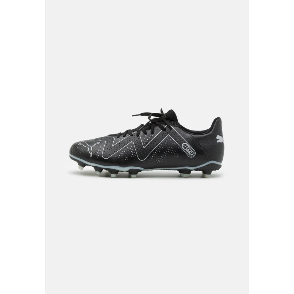 A black Puma soccer cleat with white graphic accents and black studs, shown from a side profile on a light gray background.