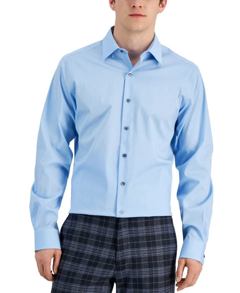 Light blue dress shirt worn by a person on a white background