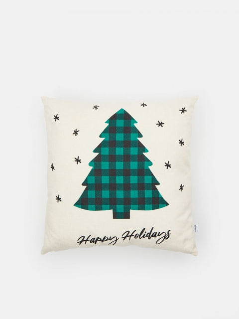 Decorative pillow with a plaid Christmas tree and 'Happy Holidays' text on a white background
