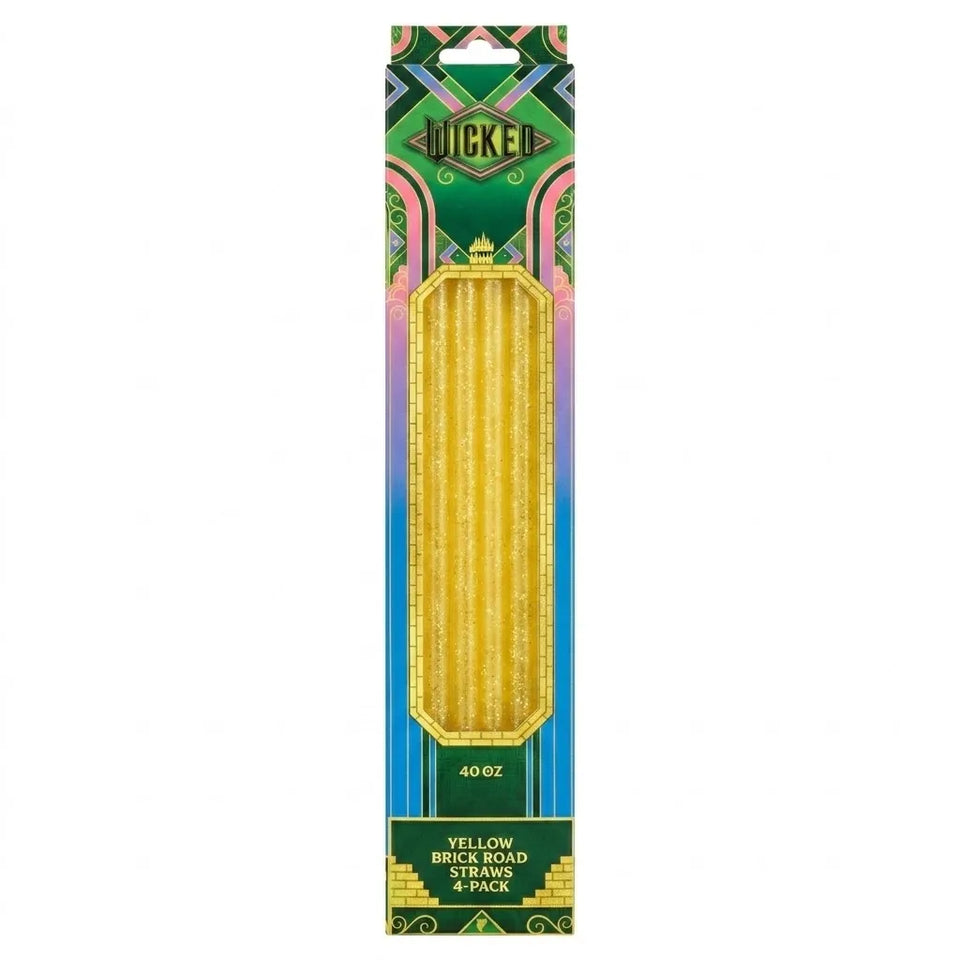 A 40-count pack of Wicked Yellow Brick Road Straws in retail packaging, featuring a colorful Art Deco design with green, gold, and blue elements.