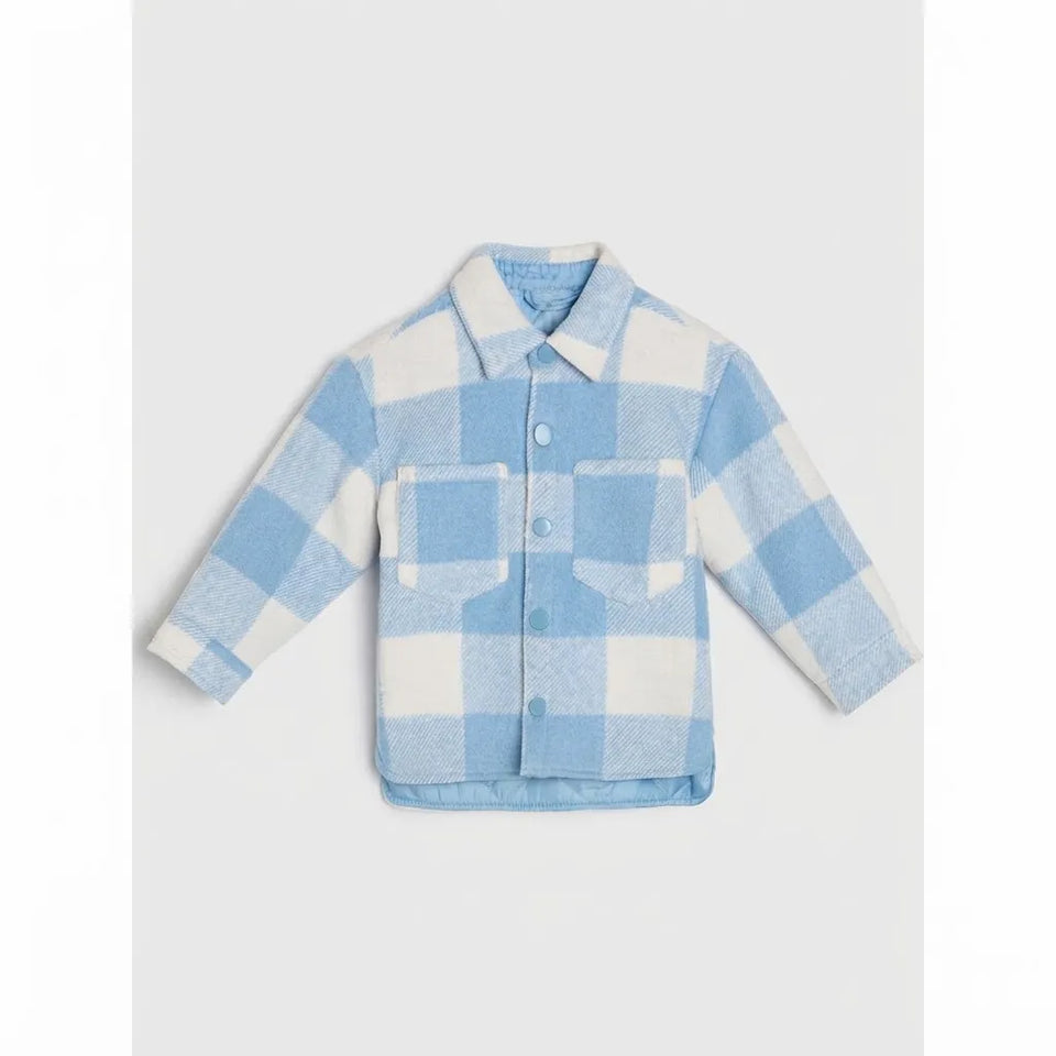 A children's long-sleeve button-front shirt jacket in a light blue and white gingham check pattern, displayed flat against a light gray background.
