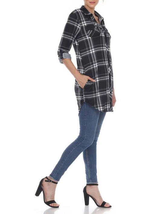 White Mark Women's Black & White Plaid Successfully Comfortable Long Sleeve Shirt |White Mark In Lebanon